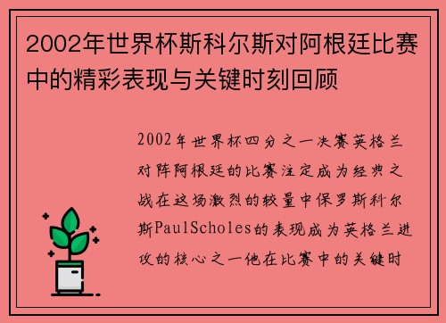 2002年世界杯斯科尔斯对阿根廷比赛中的精彩表现与关键时刻回顾